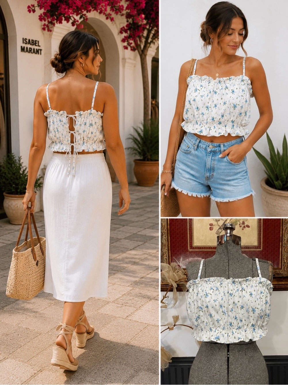 Wild Fable Floral Linen Blend Open-Back Ruffle Crop Top White Blue Sz XXL💚🎀